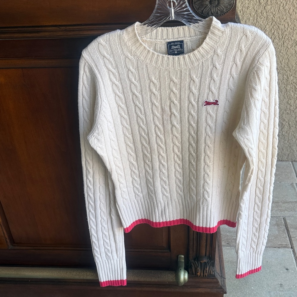 Le Tigre White Cable Knit Sweater with Red Trim